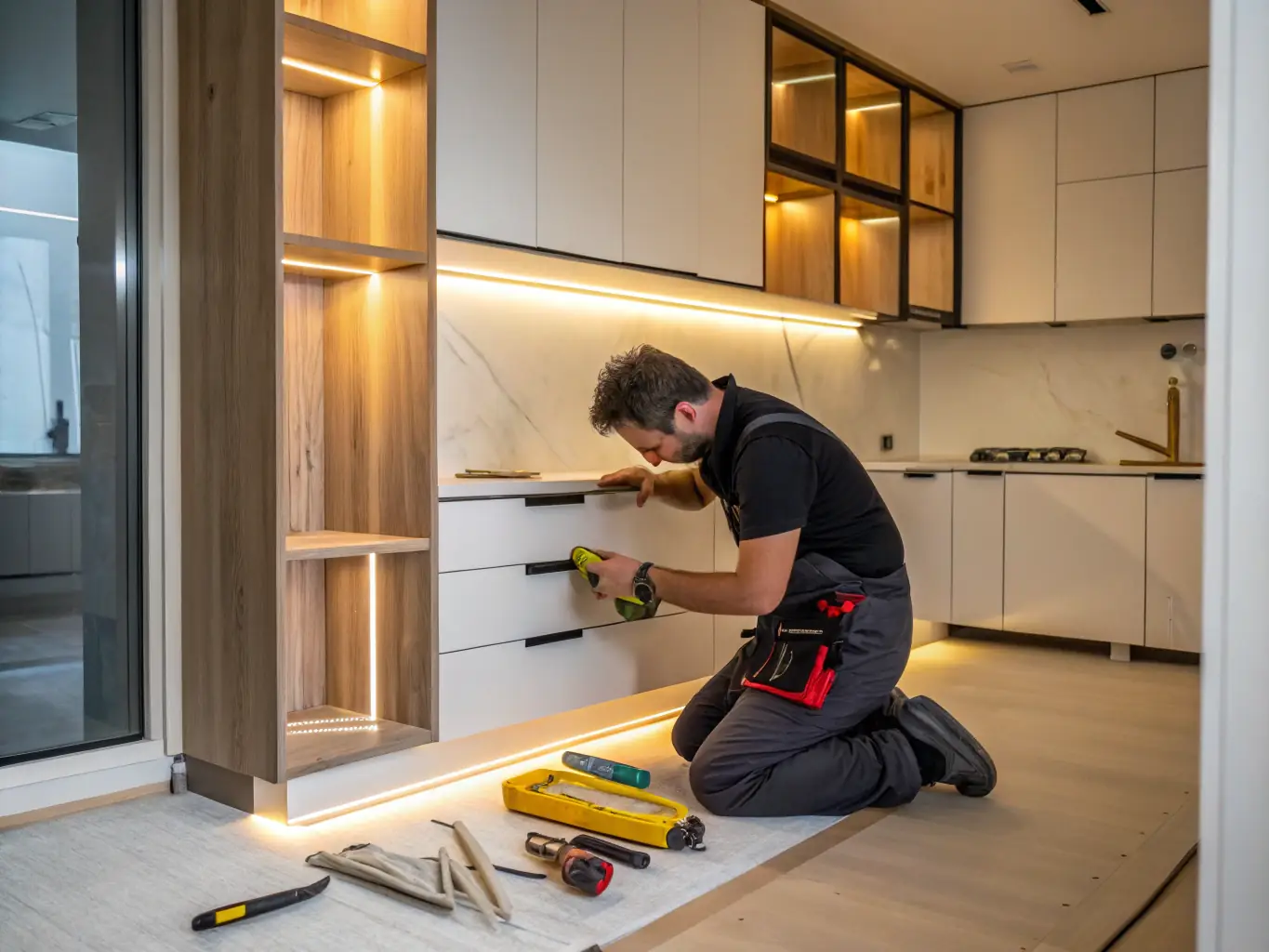 A skilled carpenter installing custom cabinetry in a modern residential interior, highlighting craftsmanship and attention to detail.