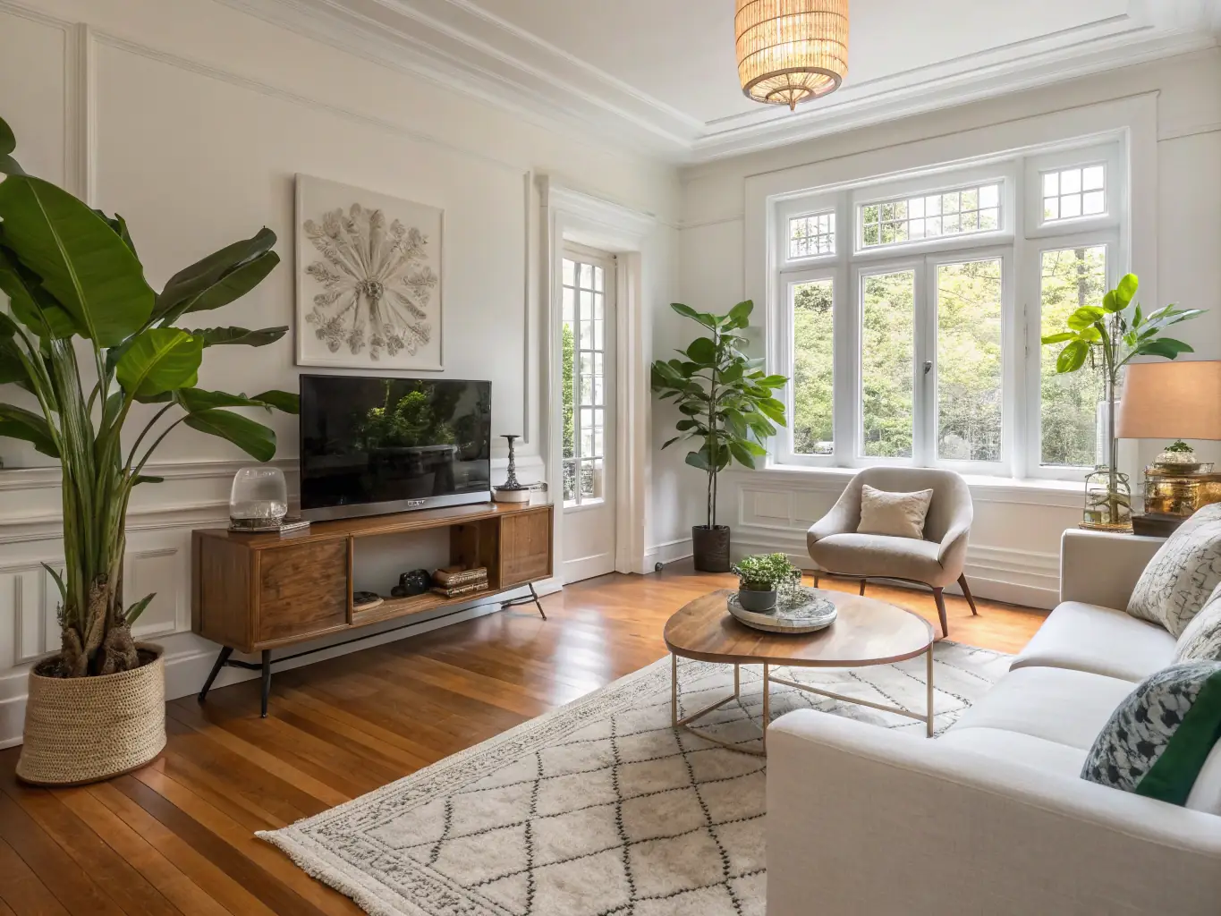 A renovated living room with updated flooring, lighting, and furniture, illustrating the transformation achieved through renovation services.