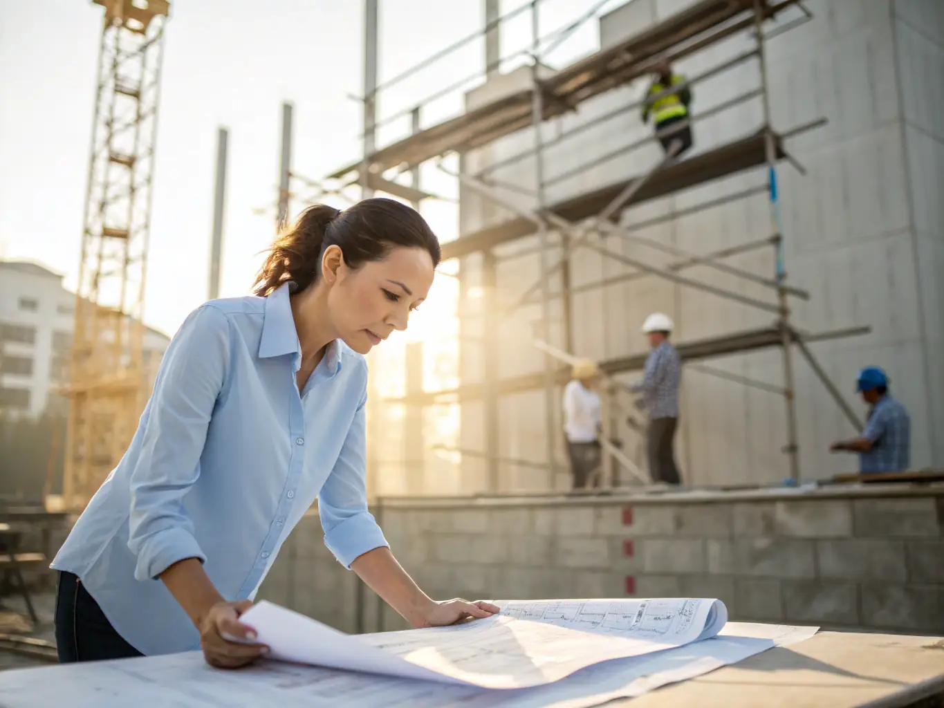 An interior designer reviewing blueprints with a construction foreman on a commercial fit-out project, emphasizing attention to detail and precision.