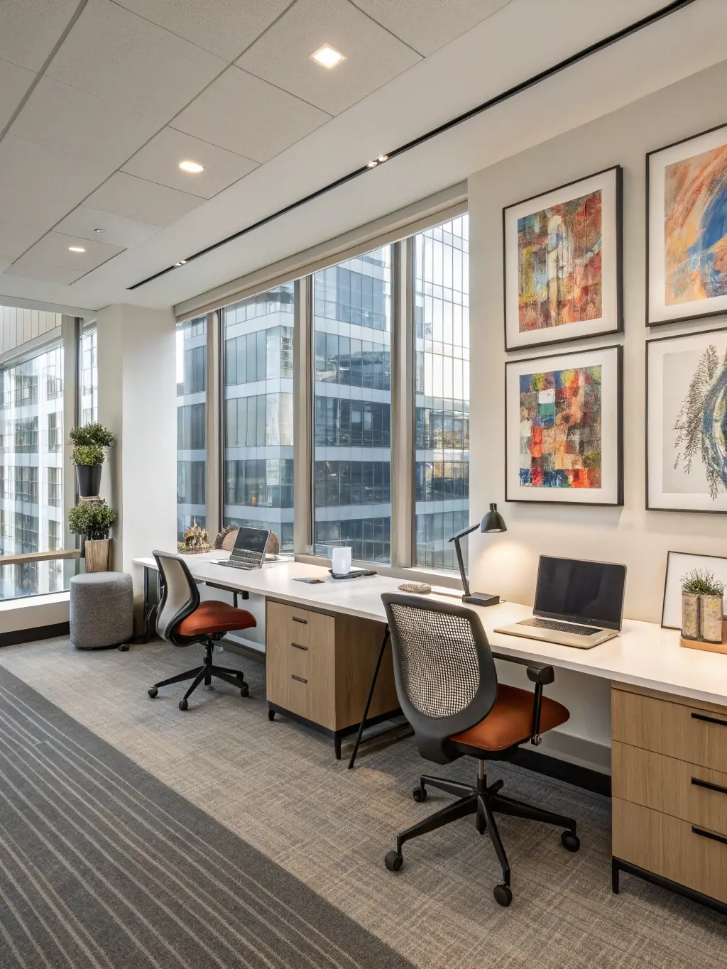 A brightly lit, modern commercial office space with glass partitions, ergonomic furniture, and a collaborative open-plan layout, showcasing MAN General Contracting LLC's expertise in commercial interior construction.