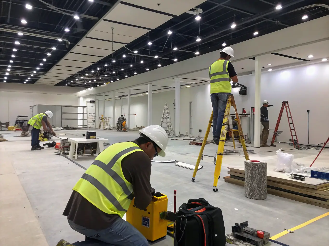 A modern interior construction site with workers installing drywall, showcasing the initial stages of interior construction.