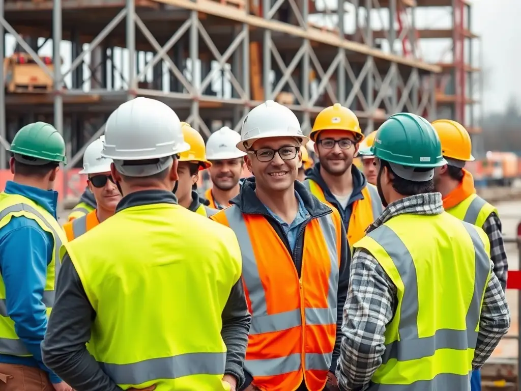 A construction site with workers wearing safety helmets and vests, collaborating on interior construction work, showcasing teamwork and expertise.