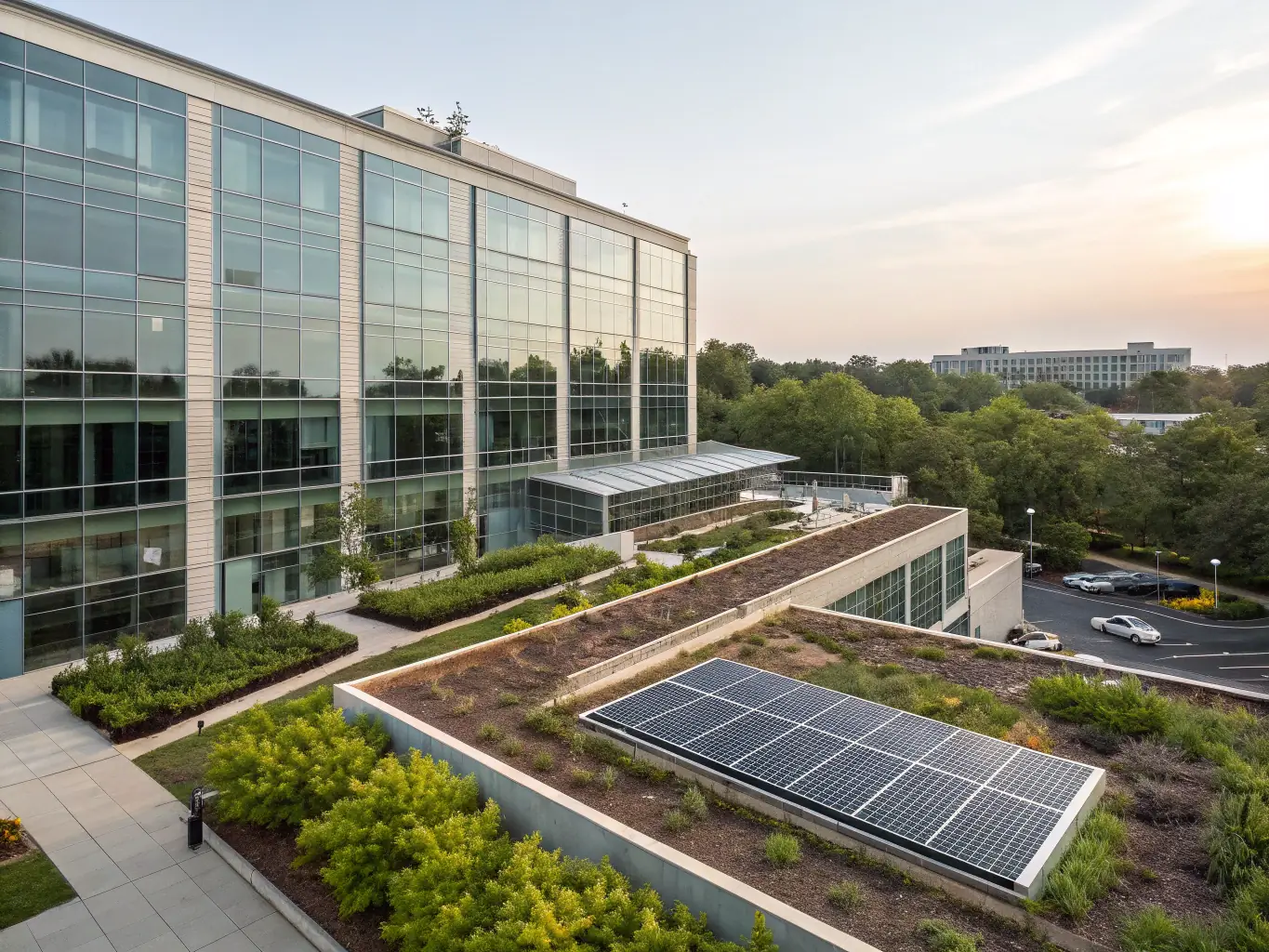 A modern, eco-friendly building with solar panels and a green roof, showcasing sustainable design and energy efficiency.